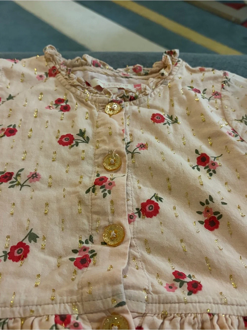 Pink Chicken Cream and Pink Floral Button-Front Dress with Gold Accents